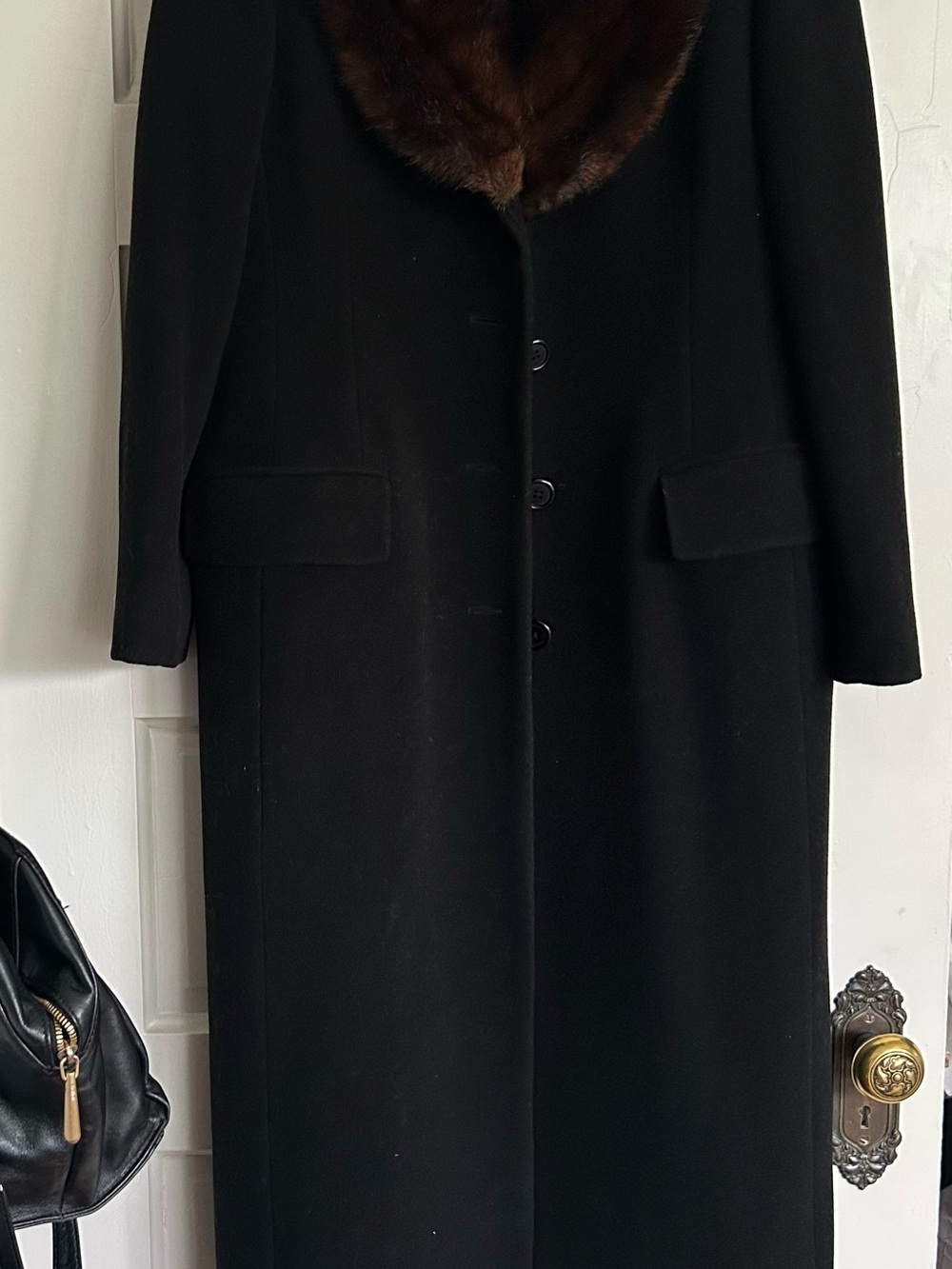 RALPH LAUREN Black Long Coat with Brown Fur Collar - Picture 5 of 7